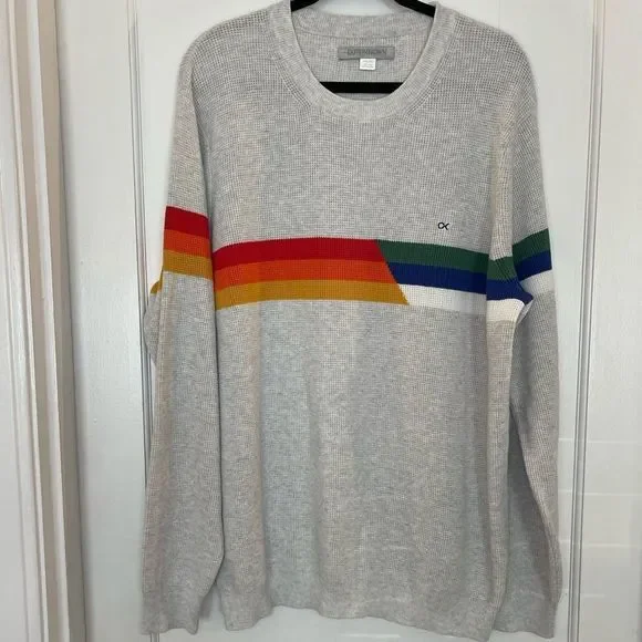 Outerknown Gray Crewneck Sweater with Rainbow Stripes